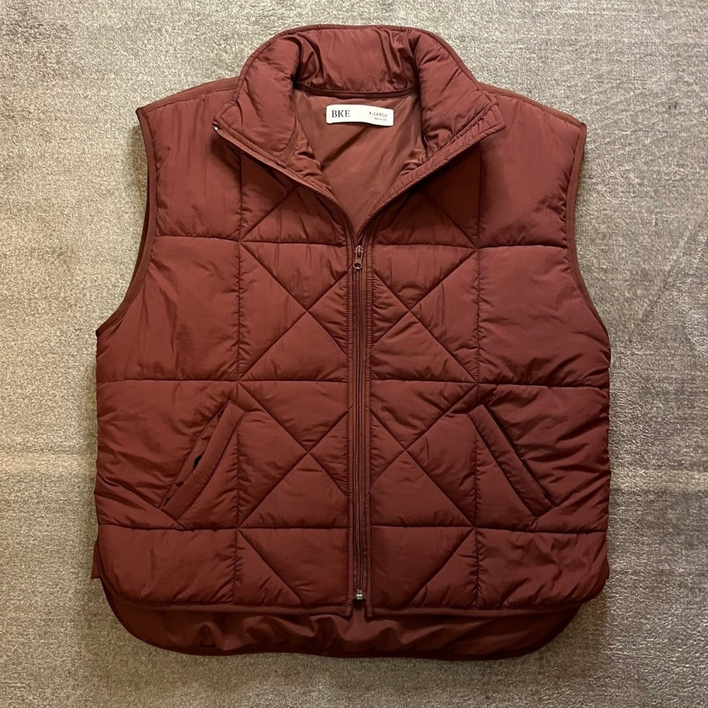 BKE Mens Quilted Puffer Vest Burgundy Brown Full Zip XL BL380L333